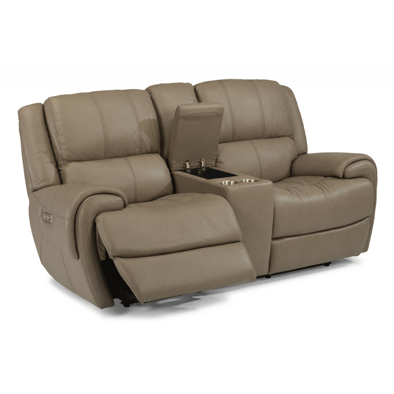 Flexsteel 1179-64PH Nance Leather Power Reclining Loveseat with Console and Power Headrests