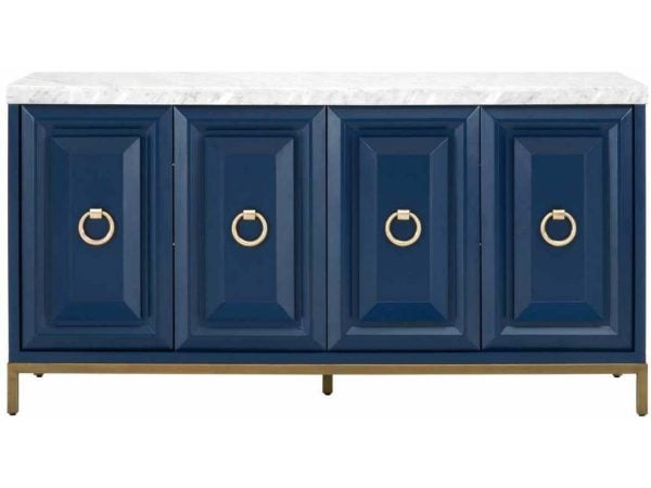 Essentials For Living 6087.NAV-BGLD/WHT  Azure Carrera Media Sideboard in White Carrera Marble Navy Blue Brushed Gold
