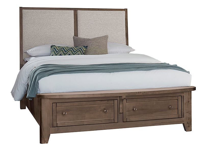 Vaughan Bassett 820-661-062-066B-502-666 Woodbridge King Upholstered Bed with Storage Grey Fabric Dark Cashmere Finish