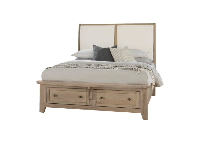 Vaughan Bassett 821-551-051-050B-502-555 Woodbridge Queen Upholstered Bed with Storage White Fabric Shadow Grey Finish Vaughan Bassett 821-551-051-050B-502-555 Woodbridge Queen Upholstered Bed with Storage White Fabric Shadow Grey Finish