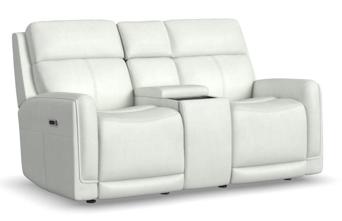 Flexsteel Furniture 1158-64GL-32611 Alister Porcelain Leather Power Gliding Loveseat with Console, Power Headrests and Lumbar