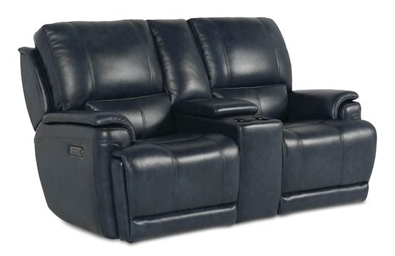 Bassett Club Level 3749-PC42N Burlington Leather Power Reclining Loveseat with Center - Burlington Navy
