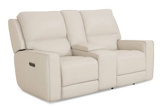 Bassett Club Level 3795-PC42V Raymond Leather Power Reclining Loveseat with Center Console - Raymond Vanilla