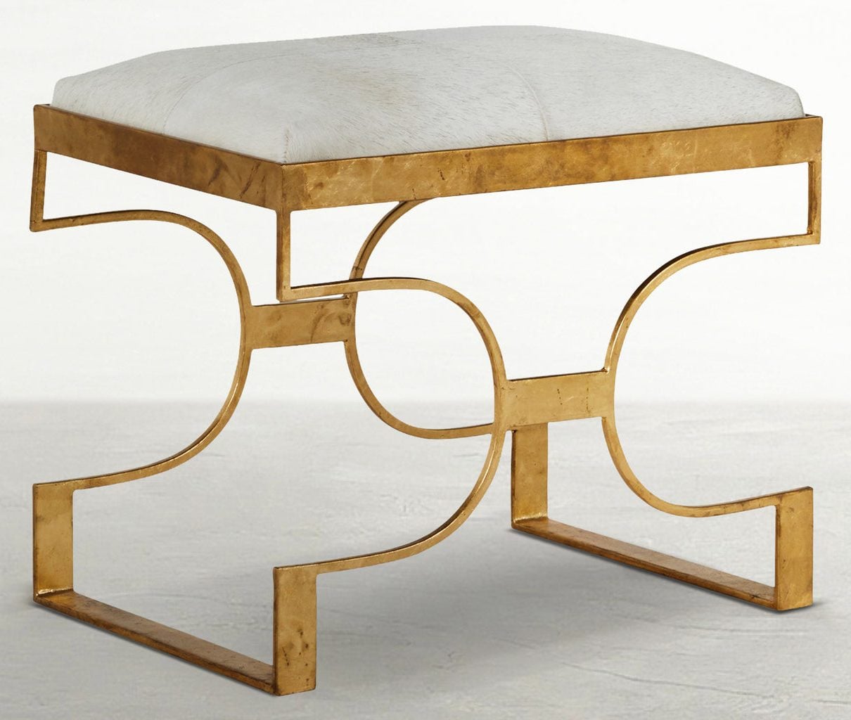 Gabby Home SCH-170340 Connelly Hair On Hide Leather Iron Ottoman - Royale Leaf Natural Ivory